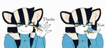 anthro bangs black_hair blue_body blue_fur crayon dialogue eating female fur green_eyes hair holding_object jewelry sidelocks simple_background solo striped_hair text white_background white_hair wheel_of_fortune felid mammal mythological_sphinx hi_res sequence