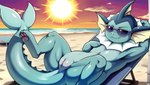 absurd_res beach_background eeveelution eyewear female feral generation_1_pokemon genitals hi_res pawpads pokemon_(species) pussy reclining smile smiling_at_viewer smug solo spread_legs spreading sunglasses vaporeon