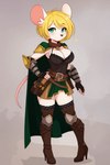 anthro armor belt blonde_hair blue_eyes blush boots bottomwear bracers breasts cleavage cloak closed_smile clothed clothing female footwear foxgirlai front_view full-length_portrait hair legwear looking_at_viewer mammal mouse moushley murid murine portrait rodent simple_background skirt solo thigh_boots thigh_highs topwear white_body