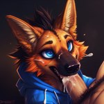 anthro ascar_the_maned_fox_(character) black_hair blue_eyes bodily_fluids canid canine clothing cum cum_in_mouth cum_inside duo fellatio fox genital_fluids genitals hair hi_res hoodie human human_on_anthro interspecies looking_up male male/male mammal maned_wolf oral penile penis pinasheep69 pubes sex topwear