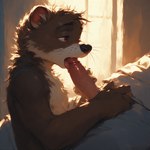 anthro bedroom_eyes clothed clothing duo erection extravirginweaseloil fellatio fur genitals human_on_anthro humanoid_genitalia humanoid_penis inside interspecies licking male male/male narrowed_eyes open_mouth oral paws penile penis penis_lick seductive sex tongue tongue_out vein veiny_penis human humanoid mammal mustela mustelid musteline true_musteline