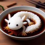 black_eyes bowl chopsticks container food glistening glistening_eyes looking_at_viewer lying mouth_closed on_front rice soy_sauce white_body wood icefoxai amphibian axolotl marine mole_salamander salamander_(amphibian)