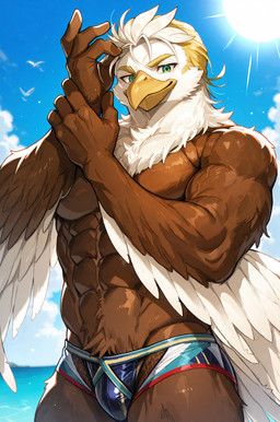 4_fingers anthro beach_background brown_body brown_feathers clothed clothing feathers fingers green_eyes male muscular raised_arm solo swimwear topless white_body white_feathers knock50927 tokyo_afterschool_summoners thunderbird_(tas) accipitrid accipitriform avian bird eagle hi_res
