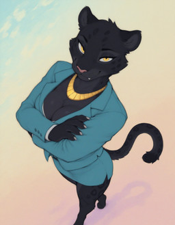 anthro black_body black_fur breasts claws cleavage clothed clothing cuffs_(clothing) fangs female fur gold_(metal) gold_jewelry inner_ear_fluff jewelry long_tail necklace paws pink_nose skort solo spots tuft whisker_spots yellow_eyes verbotenvertex felid jaguar mammal pantherine absurd_res hi_res