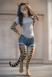 anthro black_hair blue_eyes bottomwear clothed clothing denim denim_clothing digitigrade female fur hair hand_on_head jeans long_hair looking_at_viewer multicolored_body multicolored_fur outside pants shirt shorts smile solo spots stripes topwear walking director_crashbandit felid feline leopardus mammal ocelot hi_res novelai