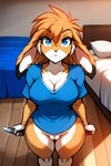 angry anthro banal_fissure bed bedroom big_breasts blue_eyes bottomless breasts canid canine cleavage clothed clothing crossgender female fox fur furniture genitals hair knife lagomorph leporid long_ears long_hair looking_at_viewer mammal mike_(twokinds) mtf_crossgender orange_body orange_fur pussy rabbit rule63 shirt solo topwear twokinds