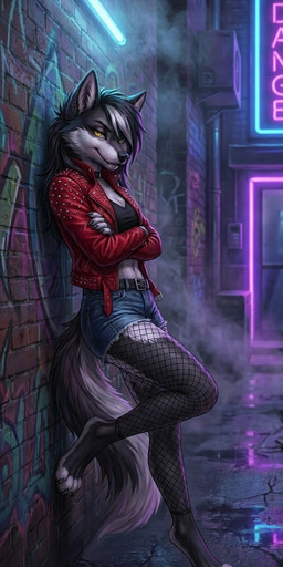 alley anthro bedroom_eyes bottomwear clothing cutoffs daisy_dukes denim denim_clothing feet female fishnet fishnet_legwear hotpants jacket leaning_on_wall leather leather_clothing leather_jacket leather_topwear legwear narrowed_eyes neon_lights paws punk_girl seductive shorts solo topwear mrokiedokie muse canid canine canis mammal wolf hi_res
