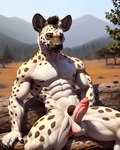 abs absurd_res anthro balls bumblebee95 detailed_background erection genitals hi_res hyaenid looking_at_viewer male mammal muscular pecs penis pubes realistic sitting solo