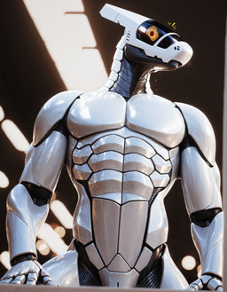 anthro black_body glistening glistening_body joints low-angle_view machine male muscular orange_eyes pecs plastic_body reflection simple_eyes solo visor white_body purrfectlyai robot synth_(vader-san) absurd_res hi_res