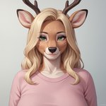 anthro antlers blonde_hair brown_body brown_fur close-up clothing eyeshadow female front_view fur green_eyes hair horn makeup mature_female pink_clothing pink_topwear smile solo sweater topwear white_body white_fur interhorse cervid mammal hi_res