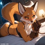 anthro bdsm bed bedroom blush bondage bound bra clothing female fur furniture looking_at_viewer multicolored_body multicolored_fur night panties rope solo two_tone_body two_tone_fur underwear leyendas_arts alice_the_vixen canid canine fox mammal