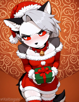 anthro armwear bell bell_collar black_body black_fur black_nose blush breasts cheek_tuft christmas_clothing christmas_headwear christmas_present christmas_theme claws clothed clothing collar dress elbow_gloves eyeshadow facial_tuft female fingers front_view fur fur_trim gift gloves grey_body grey_fur grumpy hair handwear hat headgear headwear high-angle_view holding_object inner_ear_fluff legwear long_hair long_tail looking_away makeup multicolored_body multicolored_fur red_sclera santa_hat shoulder_tuft silver_hair simple_background small_breasts solo spiked_collar spikes standing thigh_highs tuft white_body white_eyes white_fur kaltingale_(director) hellaverse helluva_boss loona_(helluva_boss) canid canid_demon demon hellhound mammal hi_res watermark