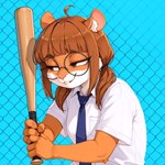 anthro baseball_bat bat_(object) brown_eyes clothing eyewear female fence glasses necktie school_uniform solo teeth_showing uniform anonymous_director mammal mouse murid murine rodent hi_res