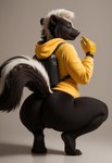 anthro anus backpack big_butt bottomless butt clothed clothing crouching_female eyes_closed female genitals gloves handwear hoodie pussy raised_tail rear_view smile solo thick_thighs topwear yellow_clothing carnivalecloudmuncher mammal mephitid skunk hi_res