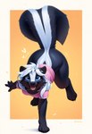 anthro black_body black_fur blue_eyes bottomless chasing clothed clothing digitigrade female fur hair looking_at_viewer running semi-anthro shirt simple_background smile solo topwear white_hair director_crashbandit mammal mephitid skunk hi_res novelai