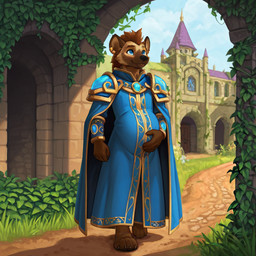 andromorph anthro clothed clothing fur intersex multicolored_body multicolored_fur paws pregnant pregnant_intersex robe solo plapenjoyer hyaenid mammal spotted_hyena