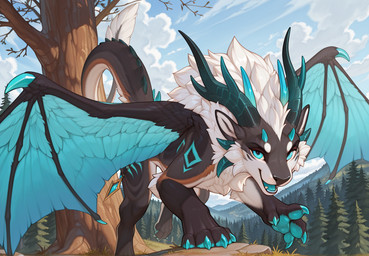 4_toes all_fours ambiguous_gender blue_eyes blue_horn blue_markings blue_sky blue_wings brown_body brown_fur claws cloud dark_body dark_fur feathered_tail feathered_wings feathers feet feral forest forest_background fur happy horn long_tail looking_at_viewer majestic markings multi_horn multicolored_body multicolored_fur mythology nature nature_background open_mouth plant raised_tail rock sky snafuw snout solo spiked_tail spikes spikes_(anatomy) spread_wings tail toes tree walking white_body white_fur wings canid canine canis dragon hybrid mammal mythological_creature mythological_scalie scalie wolf detailed novafurryxl_(model)