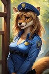 anthro blonde_hair breasts brown_eyes cleavage clothed clothing female fur hair police police_badge police_hat police_officer police_uniform smile solo tan_body tan_fur uniform mindry krissah_(mindry) herpestid mammal mongoose