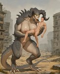 anthro back_spikes balls big_breasts breasts bridal_carry building carrying carrying_another carrying_partner claws curved_horn destroyed_building detailed_background dewclaw digitigrade duo female genitals glowing glowing_eyes hand_on_neck horn huge_breasts larger_female lifting_partner looking_at_another looking_at_partner male male/female muscular muscular_anthro muscular_female nervous nervous_smile nipples nude open_mouth penis pussy rock ruins scales sharp_teeth size_difference smaller_male spikes spikes_(anatomy) standing teeth thick_thighs toe_claws wasteland yellow_eyes anonymous_director fallout deathclaw human mammal scalie hi_res