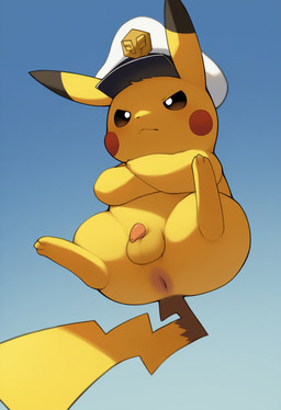 animal_genitalia anus balls clothing crossed_arms feral frown fur genitals headgear headwear male one_leg_up peaked_cap penis penis_down raised_leg solo spread_legs spreading suspended_in_midair tail_down tapering_penis yellow_body yellow_fur jomisa nintendo pokemon captain_pikachu generation_1_pokemon pikachu pokemon_(species) hi_res