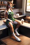 aimee anthro apron attempted_signature beverage bodily_fluids brown_hair cafe cervid clothing coffee cum cum_inside female genital_fluids genitals hair hi_res hooves looking_at_viewer mammal prompt pussy sitting smile solo spread_legs spreading teal_eyes venison venisoncreampie