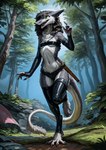 action_pose anthro armor armwear bandeau chest_tuft clothing digitigrade elbow_gloves excited female forest forest_background fur gloves green_eyes grey_body grey_fur handwear happy hi_res latex latex_gloves latex_leggings legwear long_tail looking_away melee_weapon nature nature_background oldhroft open_mouth panties plant pose prompt_metainfo rubber sergal slim solo sword thigh_highs topwear tree tuft unconvincing_armor underwear weapon