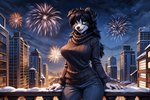 anthro big_breasts black_body black_fur black_hair border_collie bottomwear breasts canid canine canis city city_background clothed clothing collie cosmicelement denim denim_clothing domestic_dog female fireworks front_view fur green_eyes hair herding_dog hi_res jeans mammal new_year night open_mouth open_smile pants pastoral_dog portrait sheepdog smile snow solo sweater three-quarter_portrait topwear white_body white_fur