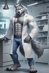 abs agreenfish anthro big_muscles big_pecs bottomwear bulge canid canine canis claws clothing coat denim denim_clothing fur grey_body grey_fur inside jeans lab_coat male mammal muscular muscular_male pants pecs solo topwear wolf