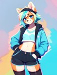 abstract_background accessory ailurid anthro blue_eyes bottomwear clothed clothing crop_top female fur hair hand_in_pocket headband hi_res jacket legwear looking_at_viewer mammal midriff multicolored_hair orange_body orange_fur pockets red_panda shirt shorts simple_background smile snowshoes solo standing thigh_highs topwear yiffymix_(model)