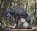 absurd_res anatomically_correct anatomically_correct_genitalia animal_genitalia animal_penis balls big_balls big_penis blush bodily_fluids canid canine canine_genitalia canine_penis canis doggyai feral forest fur genital_fluids genitals hi_res huge_balls huge_penis hyper hyper_balls hyper_genitalia hyper_penis male mammal penis plant poking_out precum solo tree wolf