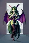 anthro bat_wings big_breasts boots breasts clothed clothing cosplay female footwear fur green_body green_eyes green_hair hair head_wings leather leather_boots leather_clothing leather_footwear long_hair looking_at_viewer membrane_(anatomy) membranous_wings multicolored_body multicolored_skin smile solo tiptoes two_tone_body two_tone_skin video_games white_body white_breasts wings harmfulpilot capcom darkstalkers morrigan_aensland canid canine canis fox mammal 2:3 absurd_res hi_res portrait