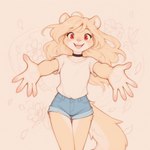 anthro blonde_hair bottomwear choker clothing cutoffs denim denim_clothing embrace female hair hotpants hug jewelry looking_at_viewer necklace open_mouth red_eyes shorts solo mila_minx mammal mink mustelid musteline true_musteline absurd_res hi_res