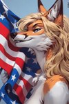 2024 anthro blonde_hair blue_eyes female fur hair holding_object naturally_censored nude open_mouth orange_body orange_fur patriotism politics simple_background solo stars_and_stripes united_states_of_america white_body white_fur henriqueplytz canid canine fox mammal absurd_res hi_res