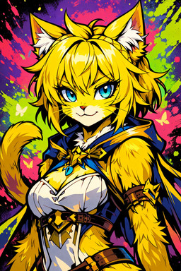 anthro blonde_hair blue_eyes breath cape clothing eyelashes female fur hair short_hair smile smiling_at_viewer solo tail yellow_body yellow_fur felid feline mammal hi_res