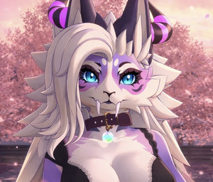 anthro big_breasts blue_eyes breasts cleavage clothed clothing collar fangs female flower fur hair horn long_hair looking_at_viewer mega_stone multicolored_body multicolored_fur pink_body pink_flower plant sabertooth_(anatomy) solo teeth white_body white_fur white_hair anonymous_director zeta novabeast bust_portrait portrait