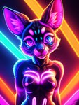 anthro areola breasts canid canine cattorihanzo colorful female fox front_view glowing hi_res looking_at_viewer mammal markings neon nipples nude small_breasts smile solo stable_diffusion