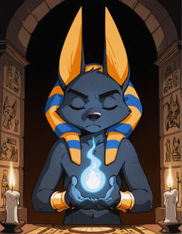 anthro black_body black_fur candle egyptian_headdress fire fur male solo young_anthro young_male destructiveforce_(director) anubis_and_the_buried_bone anubis anubian_jackal canid canine canis deity jackal mammal absurd_res hi_res