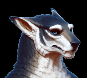 anthro black_background black_body black_fur blue_eyes brown_body brown_fur fangs fur looking_at_viewer male simple_background smug solo white_body white_fur auykac felid mammal tetton hi_res portrait