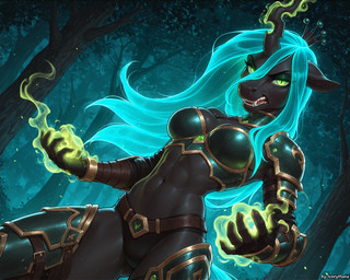 abs anthro armor athletic black_body breasts clothed clothing fangs female forest glowing glowing_eyes glowing_hair hair looking_at_viewer magic magic_user night plant solo standing teeth tree ivorymane friendship_is_magic my_little_pony queen_chrysalis_(mlp) equid equine horse mammal pony watermark