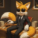 anthro cigar clothing desk detailed_background dipstick_tail eyewear fur furniture gloves handwear male markings sitting smile solo suit sunglasses table tail_markings white_body white_fur yellow_body yellow_fur aislopper sonic_the_hedgehog_(series) miles_prower canid canine fox mammal hi_res