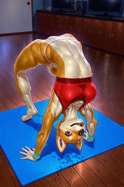 5_fingers abs all_fours anthro arched_back athletic athletic_anthro athletic_female barefoot bodily_fluids bra breasts brown_eyes claws clothed clothing countershading electronics exercise feet female fingers flexible floor fur glistening glistening_clothing handstand inside looking_at_viewer multicolored_body multicolored_fur muscular muscular_anthro muscular_female navel open_mouth orange_body orange_fur panties plantigrade red_clothing smile solo sports_bra sweat sweatband sweating_profusely sweaty_body tail tan_body tan_fur teeth television toes topwear tuft two_tone_body two_tone_fur underwear upside_down wet wet_clothing white_body white_fur wood_floor workout wristband yoga unknown_director canid canine canis domestic_dog mammal shiba_inu spitz hi_res