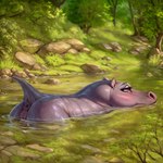 1:1 anus colored common_hippopotamus detailed detailed_background female feral genitals grey_body grey_skin hi_res hippopotamid lungfish1223 mammal nature nature_background partially_submerged plant presenting pussy raised_tail red_eyes solo tree water