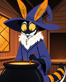 antennae_(anatomy) anthro black_body cabin cauldron clothing geck hat headgear headwear looking_down male neck_tuft orange_sclera orange_stripes solo stripes tuft witch_hat cartuniverse arthropod gecko insect lepidopteran lizard moth reptile scalie hi_res