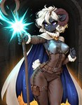 anthro armor black_body black_skin bovid_horn breastplate cape caprine_horn clothing curled_hair female fur hair horn leather leather_armor magic_user purple_eyes ram_horn solo staff white_body white_fur white_hair white_wool wool_(fur) djar17 bovid caprine domestic_sheep mammal sheep hi_res