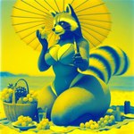 anthro beach beach_background bing_image_creator breasts clothing dall-e_3 dichromatic female food fruit hyper_hips plant seaside solo swimwear umbrella anonymous_director mammal procyonid raccoon blue_theme yellow_theme