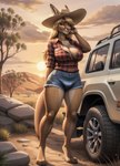 anthro big_breasts blonde_hair bottomwear breasts brown_eyes bulge car clothing denim female flannel gynomorph hair hat headgear headwear intersex kangaroo_ears light long_hair outback plant rock shirt shorts sky solo solo_focus standing sun sun_hat sunlight sunset topwear tree vehicle moony kangaroo macropod mammal marsupial absurd_res hi_res