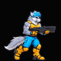 angry anthro armor biceps black_background blue_eyes blue_hair boots bottomwear clothed clothing footwear fur gloves grey_body grey_fur gun hair handwear holding_gun holding_object holding_ranged_weapon holding_weapon male muscular muscular_anthro muscular_male ranged_weapon simple_background solo teeth topwear weapon yellow_clothing thebigbradwulf brad_wulf_(thebigbradwulf) canid canine canis humanoid mammal wolf animated