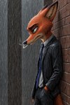 anthro cigarette cigarette_in_mouth clothing fur green_eyes hair hand_in_pocket leaning_on_wall looking_away male pockets sad serious_face smoking solo suit zootopia angry_puppy nick_wilde canid canine canis fox mammal hi_res