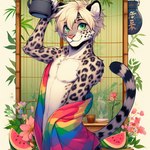 anthro bing_image_creator blonde_hair cheek_tuft cheetah chest_tuft clothed clothing container cup facial_tuft felid feline flower food fruit fur green_eyes hair holding_object looking_at_viewer male mammal melon partially_clothed pink_nose plant rainbow_pride_colors raised_tail smile smiling_at_viewer solo spots spotted_body spotted_fur standing steam tuft watermelon white_body white_fur