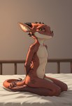 4_toes anthro bed feet female furniture hands_behind_back looking_at_viewer markings orange_body orange_eyes sitting solo toes citrus_(flamespitter) kobold hi_res